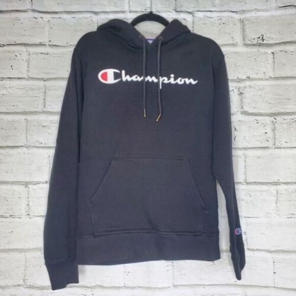 Champion Vintage 90's Black Hoodie Spellout Sweatshirt Mens Medium - Picture 1 of 8